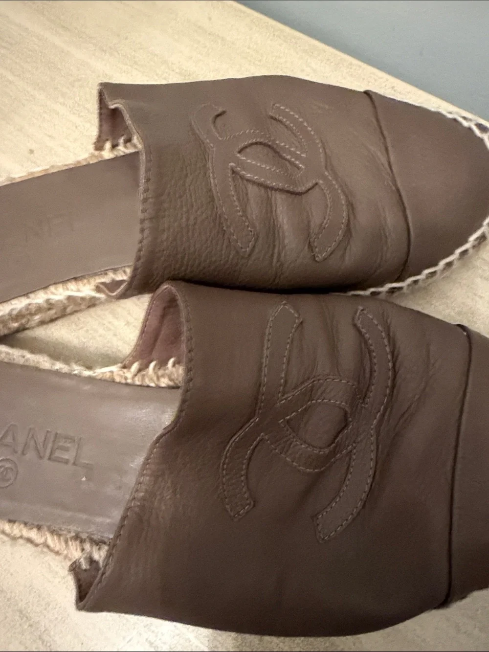 CHANEL Brown Leather Espadrille Mules